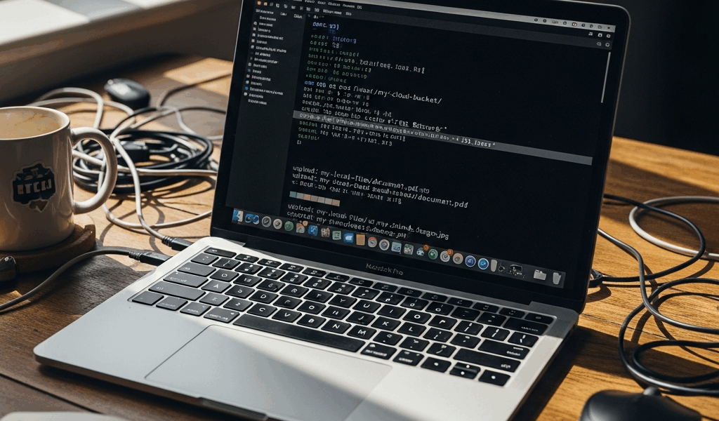 terminal window showing AWS CLI S3 cp command transferring files to cloud