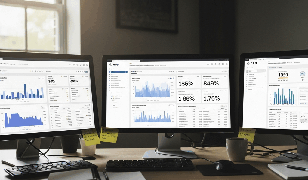 three APM tool dashboards side by side showing application performance metrics