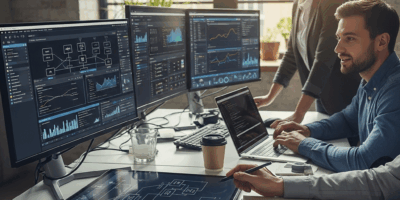 three cloud professionals in different roles: architect designing, engineer building, admin managing