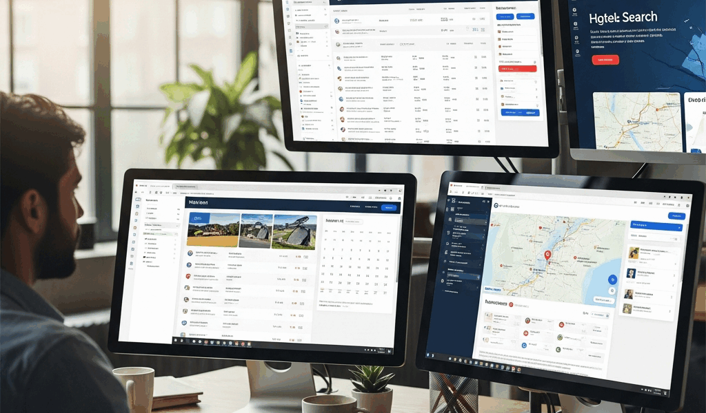 travel agency office with modern booking software on multiple screens