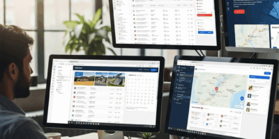 travel agency office with modern booking software on multiple screens