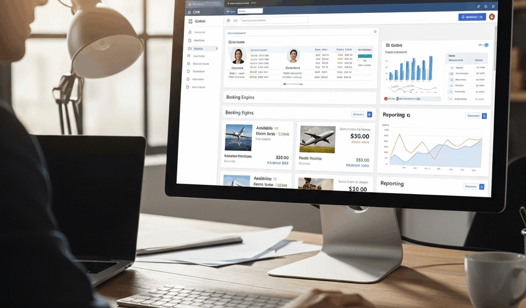 travel agency software suite showing CRM booking engine and reporting