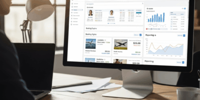 travel agency software suite showing CRM booking engine and reporting