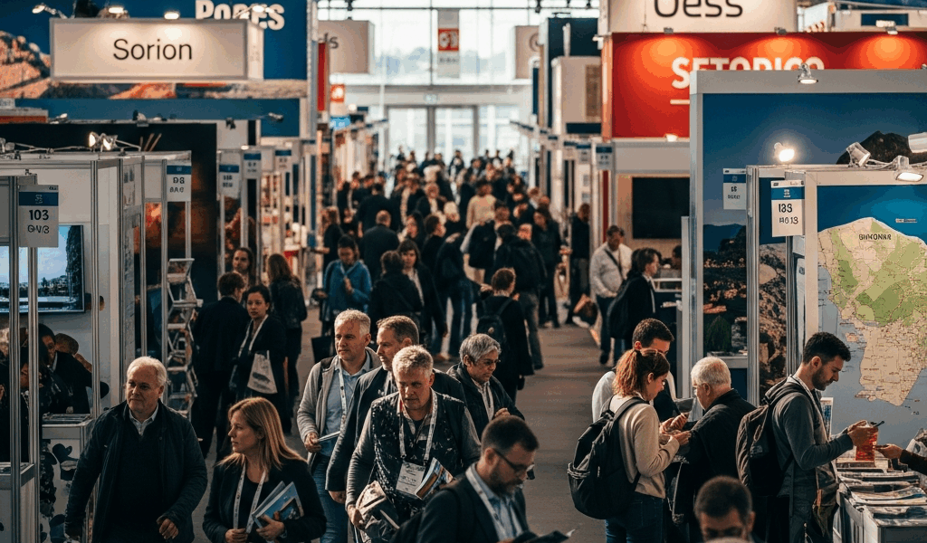 travel expo exhibition hall with destination booths and attendees