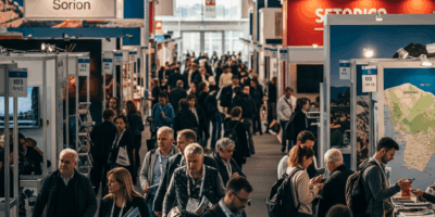 travel expo exhibition hall with destination booths and attendees