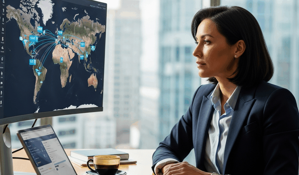 travel industry executive in modern corporate office with travel technology