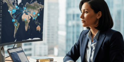 travel industry executive in modern corporate office with travel technology