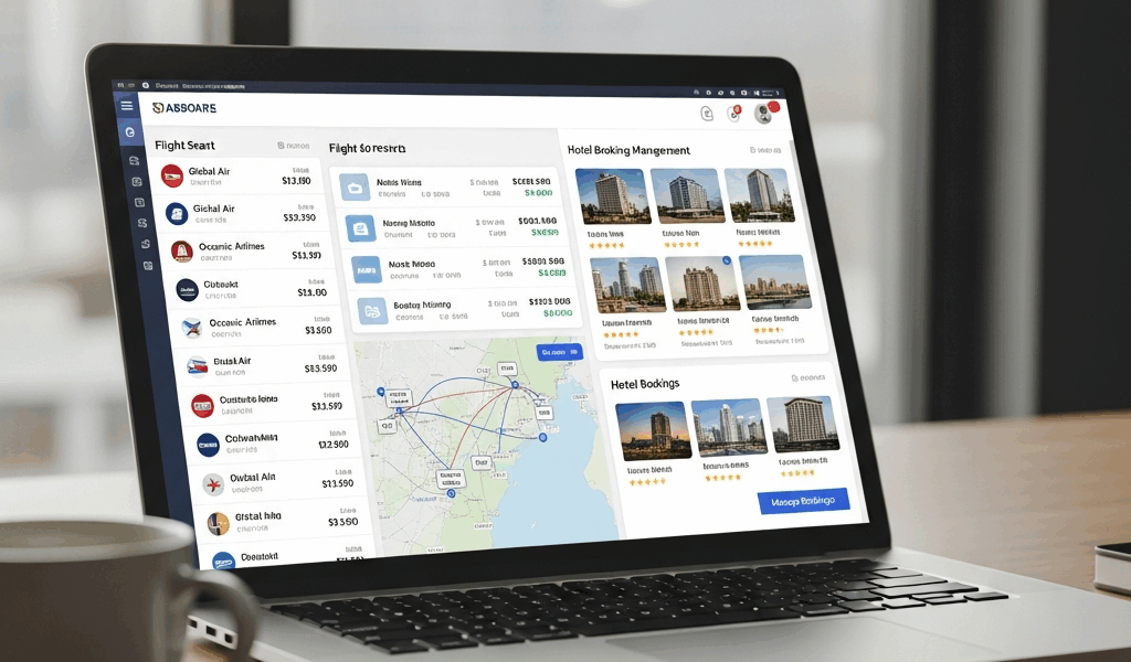 travel technology platform dashboard showing airline and hotel booking management