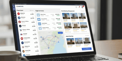travel technology platform dashboard showing airline and hotel booking management