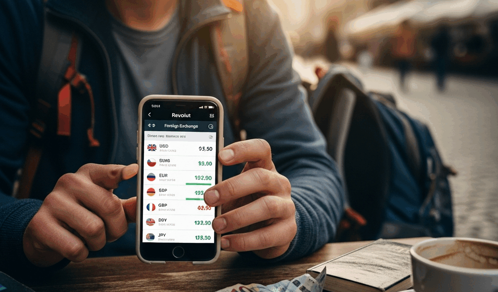 traveler using Revolut app abroad with foreign currency exchange rates