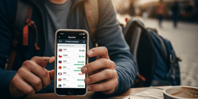 traveler using Revolut app abroad with foreign currency exchange rates