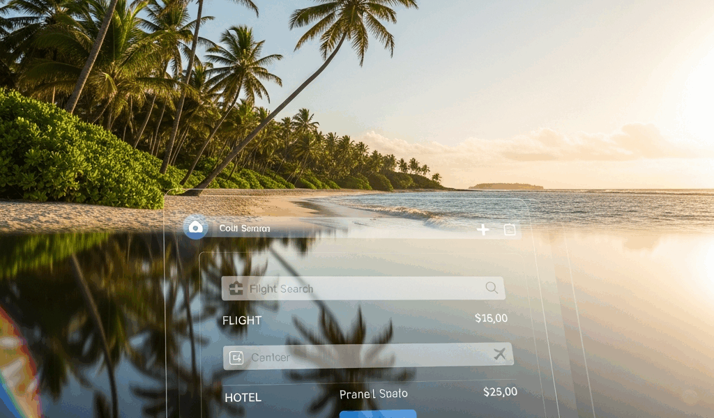 tropical vacation destination with travel booking interface overlay