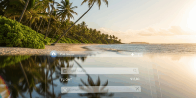 tropical vacation destination with travel booking interface overlay