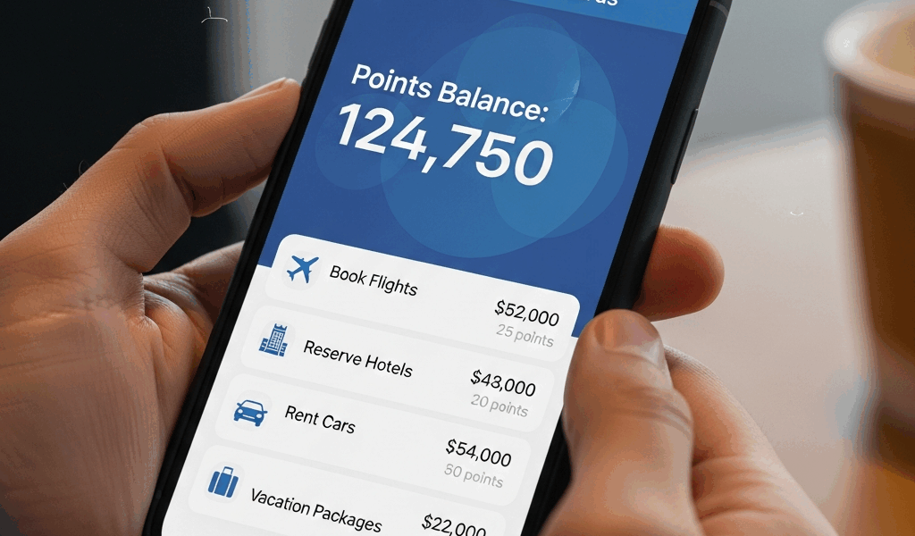 vacation rewards bank app showing points balance and travel redemption options