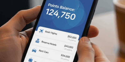 vacation rewards bank app showing points balance and travel redemption options