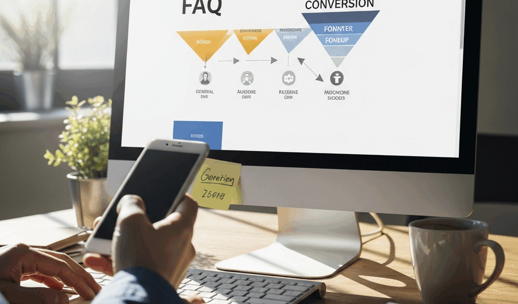 website FAQ page on monitor showing conversion funnel, customer support concept