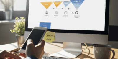 website FAQ page on monitor showing conversion funnel, customer support concept