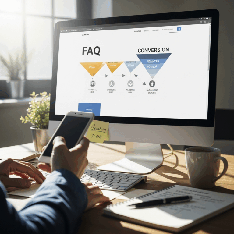 website FAQ page on monitor showing conversion funnel, customer support concept