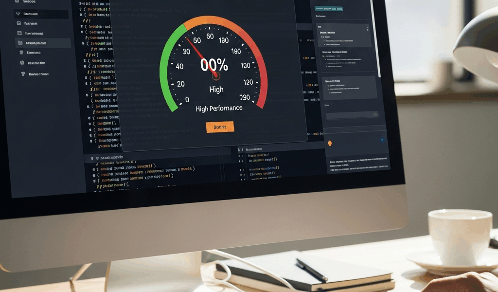 website performance metrics on screen showing fast load times, speed gauge