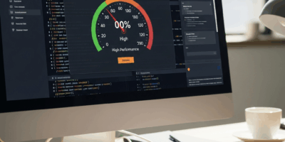website performance metrics on screen showing fast load times, speed gauge