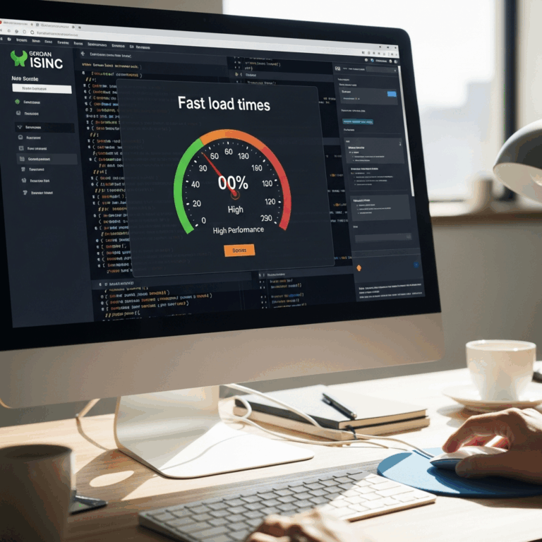 website performance metrics on screen showing fast load times, speed gauge