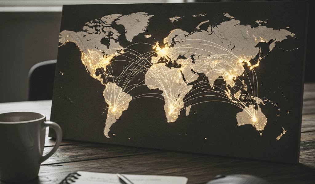 world map with CDN edge server locations highlighted, data flow lines connecting continents