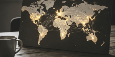 world map with CDN edge server locations highlighted, data flow lines connecting continents