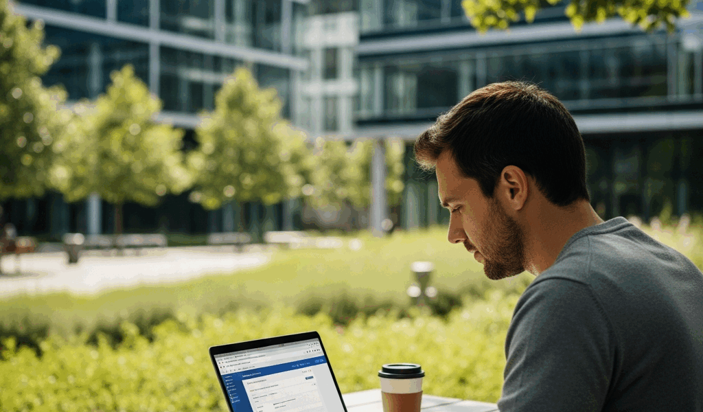 young professional at laptop preparing application, tech company campus background