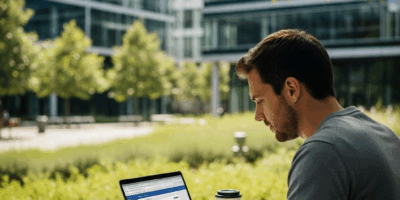 young professional at laptop preparing application, tech company campus background