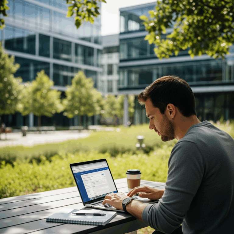 young professional at laptop preparing application, tech company campus background